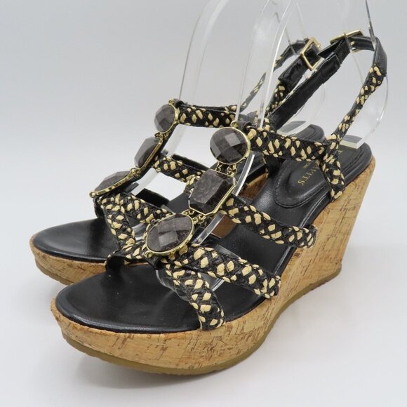 Eric Javits Womens 8 M Rhinestone Black Woven Raffia Cork Wedge Sandals Heels - Picture 11 of 12